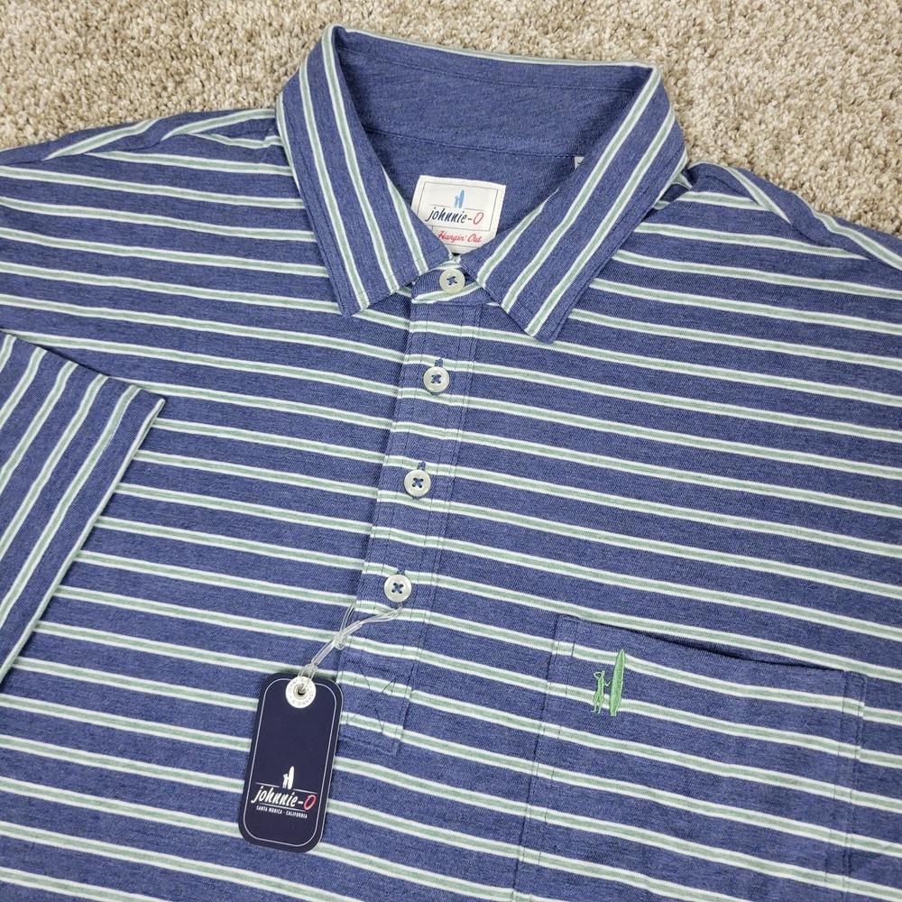 NWT Johnnie O Hangin Out Mens XL Blue Striped Performance Stretch Polo SS